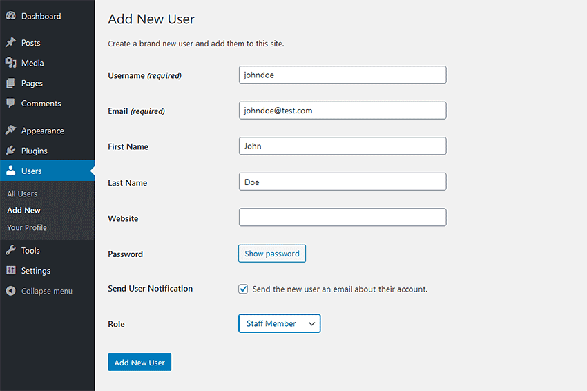 Ecran WordPress Adăugați un utilizator nou.