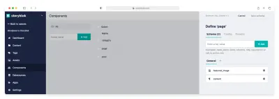 Tipul de conținut Definiția câmpurilor paginii în secțiunea Componente Storyblok.