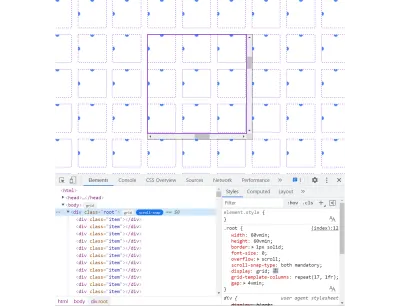 Chrome DevTools 的 Elements 面板的屏幕截圖顯示已啟用滾動捕捉徽章，並且頁面中出現了疊加層