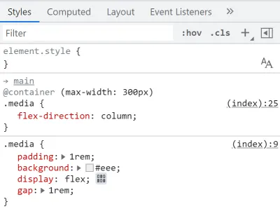 Chrome DevTools 樣式窗格的屏幕截圖，顯示嵌套在 @container 規則中的 CSS 規則