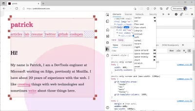 Edge DevTools 的屏幕截圖顯示了樣式窗格中的 CSS 自動完成功能，大多數屬性值前面都有圖標以幫助選擇