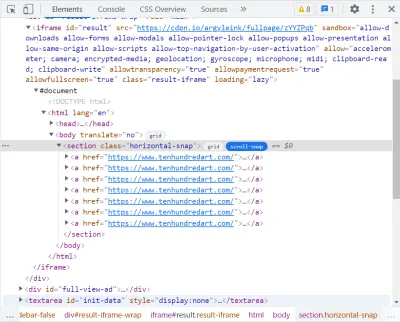 Chrome DevTools 的 Elements 面板的屏幕截圖，顯示 DOM 樹中的滾動捕捉標記