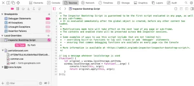 Safari 的 Sources 選項卡的屏幕截圖，顯示了 Bootstrap 腳本，其中包含在調用此 API 時覆蓋 localStore.setItem 以記錄信息的代碼。