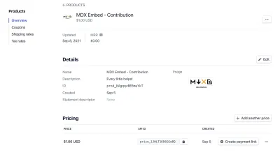 Captura de pantalla del tablero de Stripe con un precio de $1.00 para el producto MDX Embed