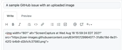 새로운 GitHub 문제의 스크린샷. 제목은 “업로드된 이미지에 대한 샘플 GitHub 문제입니다. 본문은 "ScreenCapture at Wed Aug 18 15:59:24 EDT 2021"이라는 alt 속성이 있는 이미지 요소입니다.