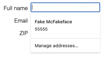 Captură de ecran a ferestrei pop-up de completare automată pe Chrome care arată doar două câmpuri: nume și zip, ambele vizibile
