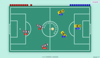 Interfaz de usuario del juego que muestra el fondo de una mesa de futbolín, seis autos en dos equipos y una pelota.