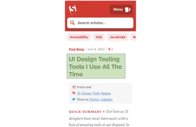 O captură de ecran a unei vizualizări pe mobil a aceluiași articol Smashing Magazine ca și anterior, dar de data aceasta nu există nicio imagine de autor și titlul este evidențiat în verde ca element LCP. De asemenea, putem vedea mai multe informații despre timpul de citire estimat al articolului, etichete, câteva link-uri de încărcare și rezumatul rapid la începutul articolului. Numele autorului este încă afișat deasupra titlului, dar fără imagine.