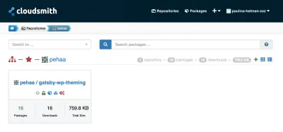 Cloudsmith 应用程序界面的屏幕截图，其中包含包含 pehaa/gatsby-wp-theming 的存储库列表。
