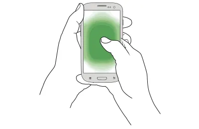 Une illustration de mains tenant un téléphone avec le pouce au centre de l'écran