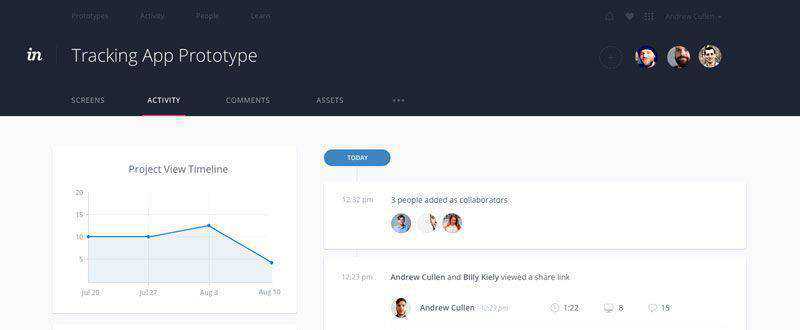 InVision mengonversi layar statis, prototipe interaktif yang dapat diklik, animasi transisi