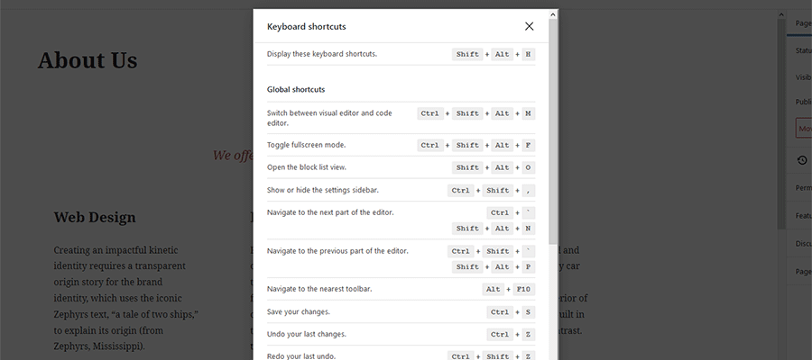 Scorciatoie da tastiera dell'editor di blocchi di WordPress.