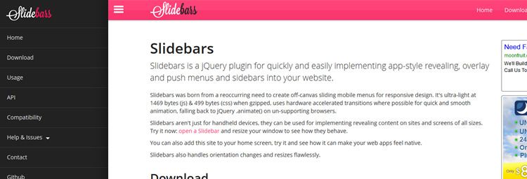 Plugins jquery de menu poussoir de type application frontale