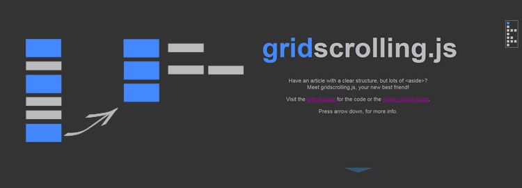 gridscrolling.js jQuery plugin مخطط لوضع الأقسام والجوانب في الشبكة والسماح بالتنقل السهل بمفتاح المؤشر