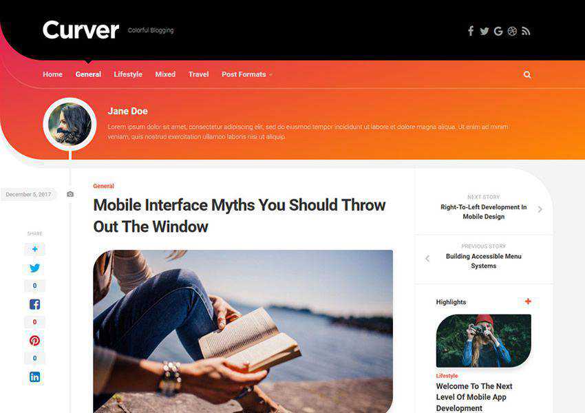 Curver tema wordpress gratuito wp blog pessoal responsivo blogger blogging