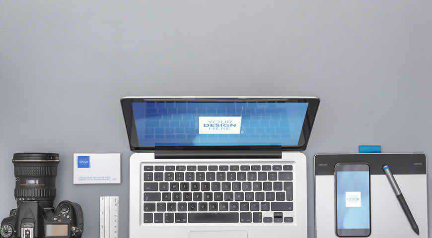 Dijital Cihazlar ve Kartvizit Photoshop PSD Mockup Şablonu