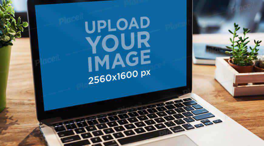 MacBook Pro บนโต๊ะชนบท Photoshop Mockup Template