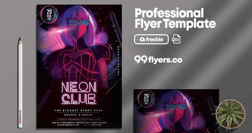 Templat Flyer Klub Neon Photoshop PSD