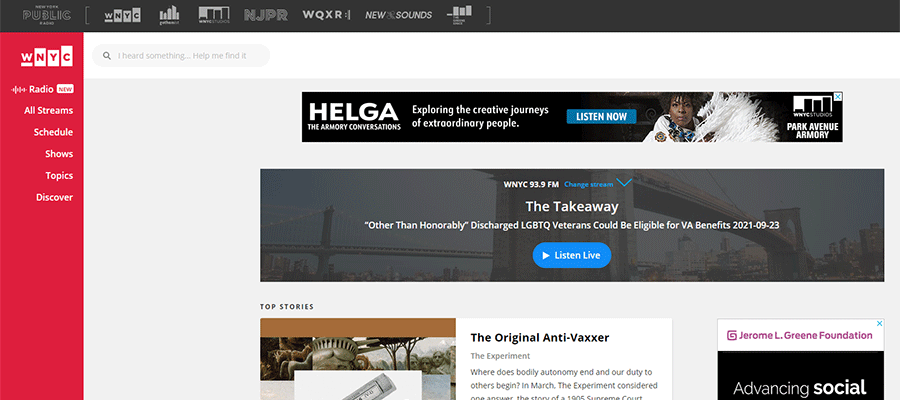 Esempio dal sito web di WNYC Radio.