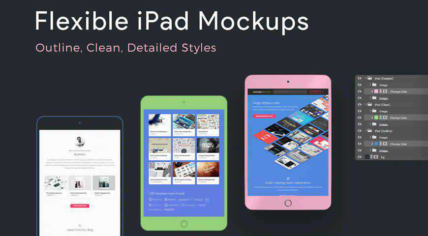 Flexible iPad-Mockup-Vorlagen Detaillierte Photoshop PSD-Mockup-Vorlage mit sauberem Umriss