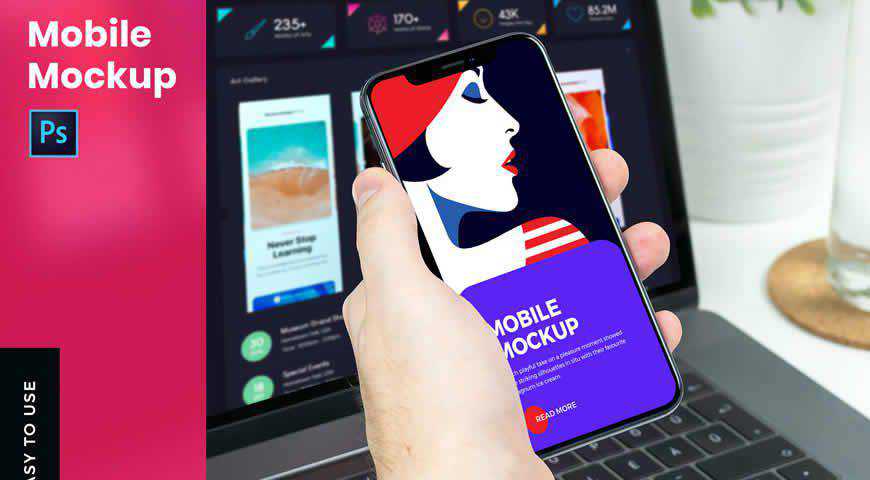 Mobil cu mâna Photoshop PSD Mockup Template