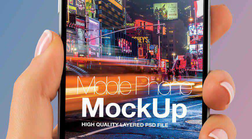 จับมือกับโทรศัพท์มือถือบนเทมเพลต Photoshop PSD Mockup พื้นหลังไล่ระดับสี