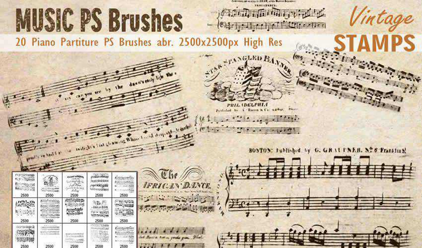 Piano Music Partiture Vintage Antik Adobe Photoshop PS Pinsel Pinsel ABR Pack Set kostenlos