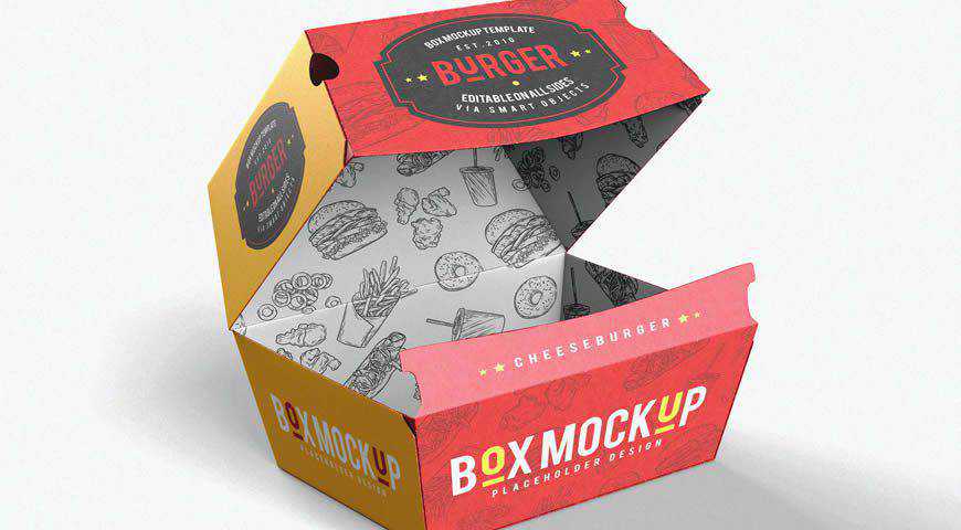 Confezione da asporto Hamburger Box Photoshop PSD Mockup Template