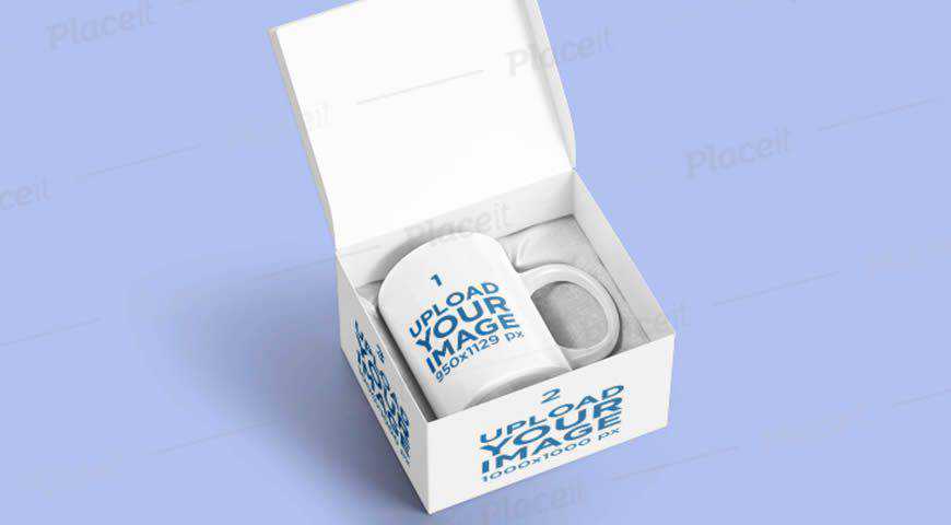 Taza de café en una caja personalizable Plantilla de maqueta de Photoshop PSD