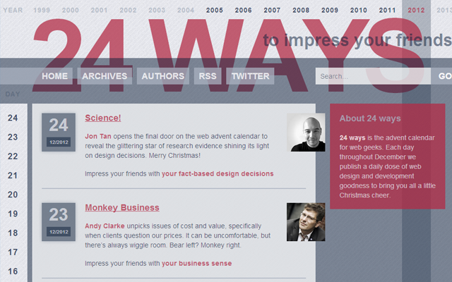 Layout di ispirazione per il web design della rivista blog 24ways