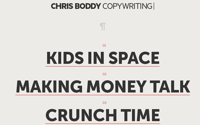 layout del portfolio dell'interfaccia del sito Web di copywriting di chris boddy