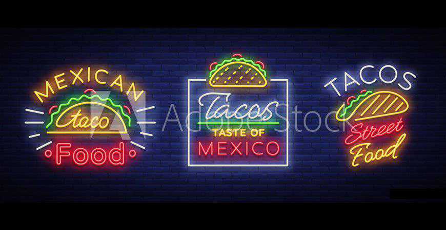 Neon Tarzı Taco ve Meksika Yemeği Logo Şablonları restoran yemek pişirme