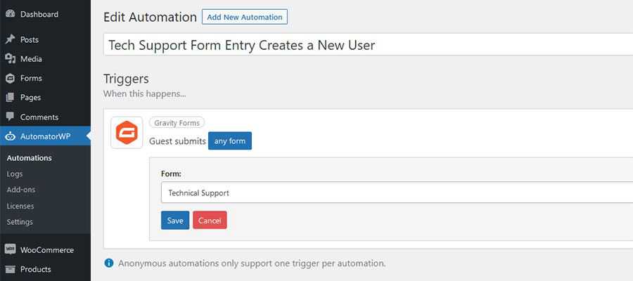 AutomatorWP：从列表中找到所需的表单