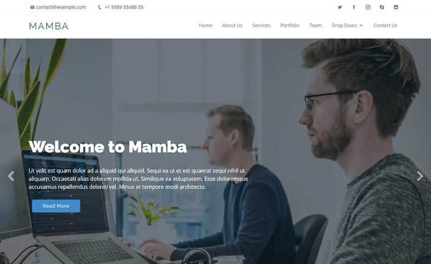 Mamba clean flat plantilla de una página perfiles creativos cartera bootstrap gratuito