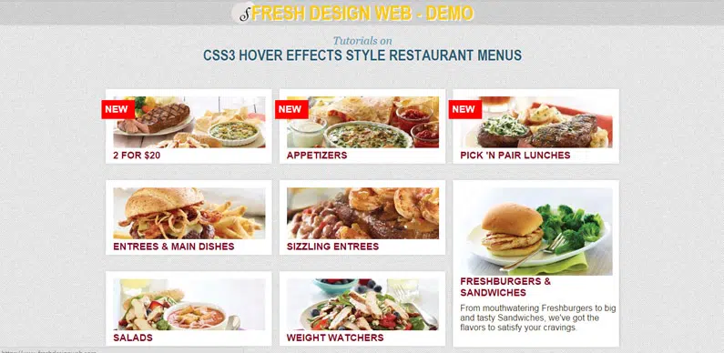 เมนูร้านอาหารสไตล์เอฟเฟกต์โฮเวอร์ CSS3