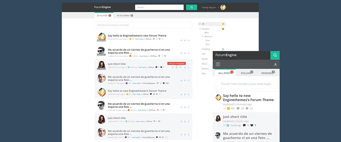 ForumEngine, aperçu du thème de forum WordPress plat réactif - ThemeForest