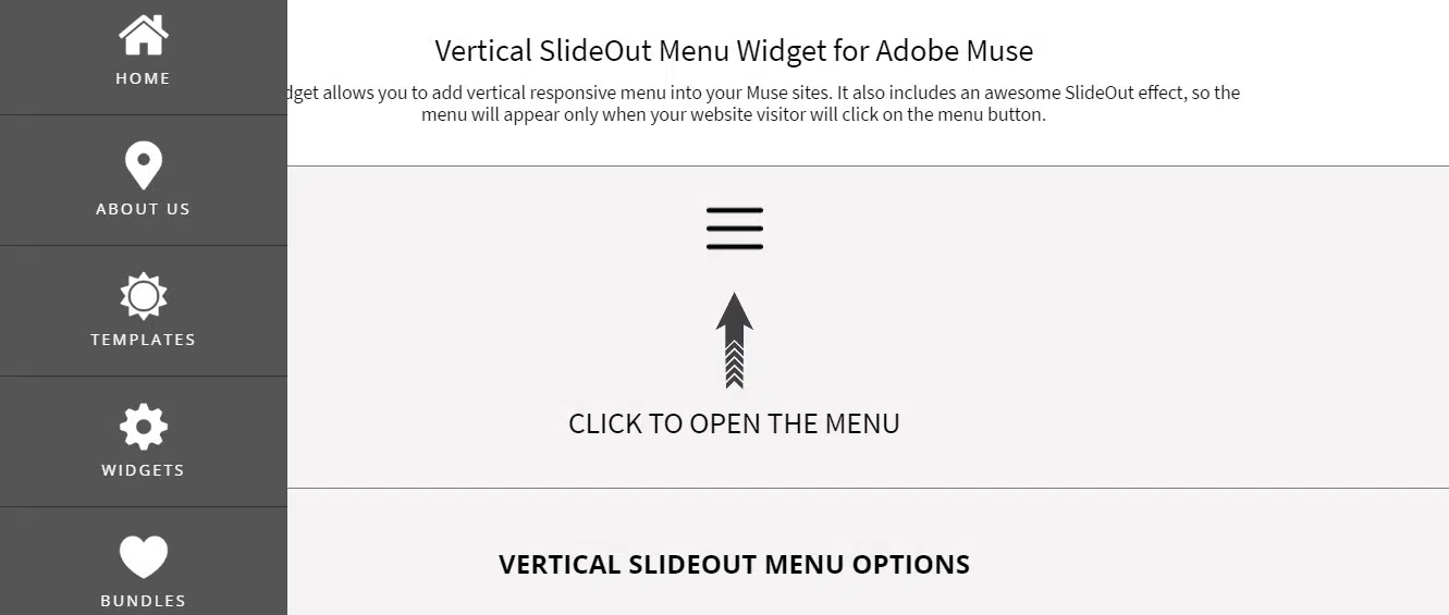 Pionowe menu wysuwane Widżety Adobe Muse