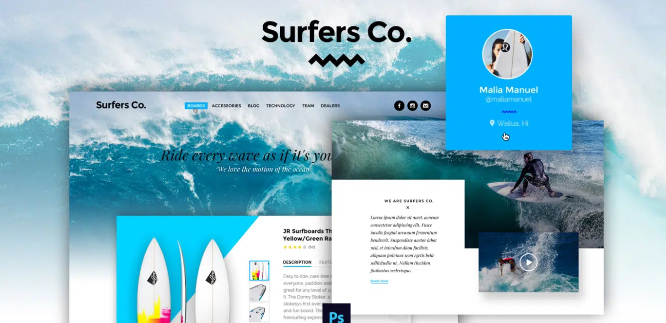 Surf Shop Kostenlose Photoshop-Website-Vorlagen