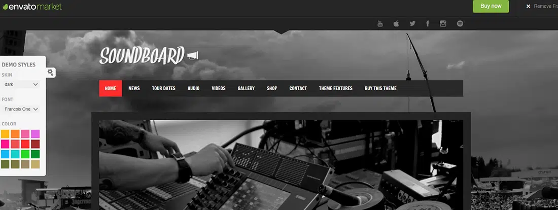 Soundboard - o previzualizare a temei WordPress Premium Responsive Music - ThemeForest