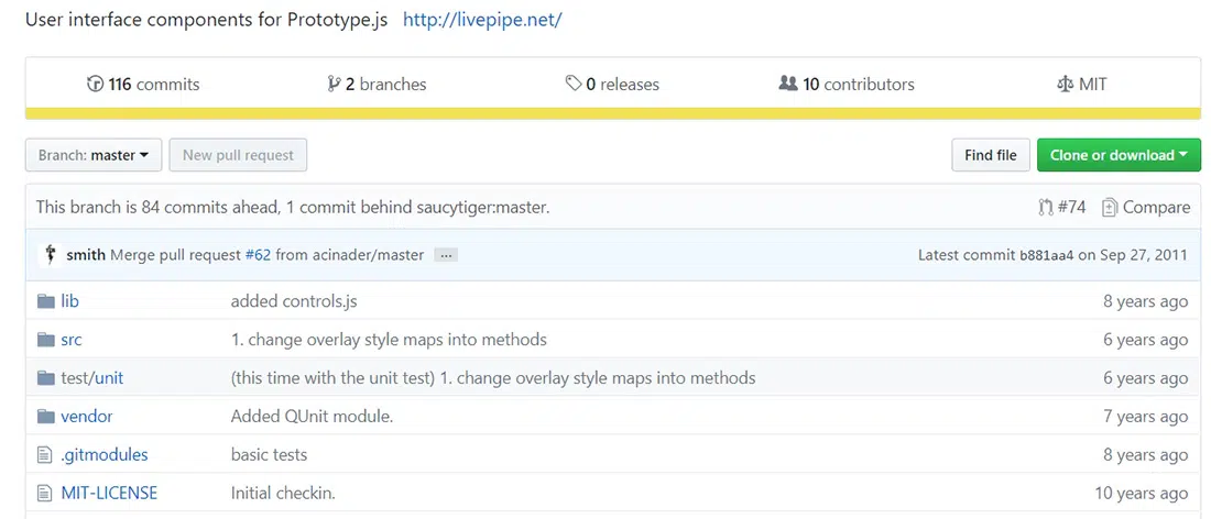 Composants de l'interface utilisateur GitHub pour Prototype.js