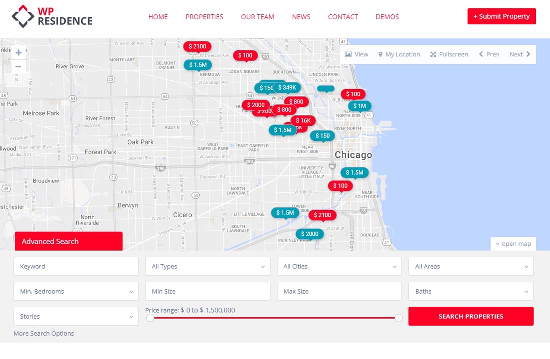 WpResidence – Temi WordPress immobiliari per il sito WordPress di Chicago