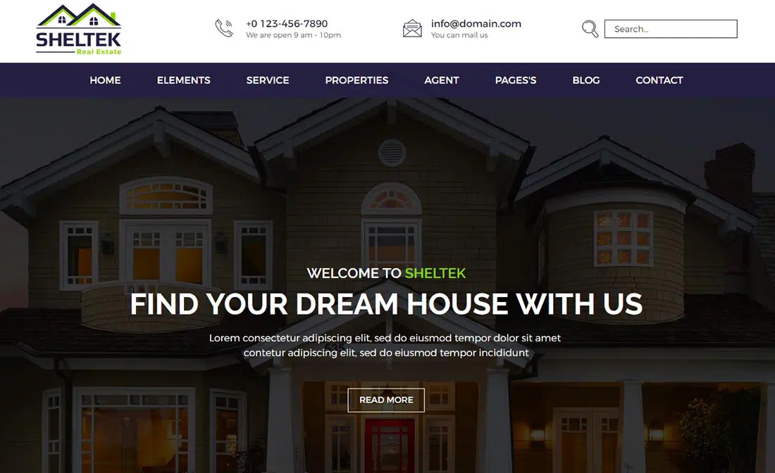 Modello di sito Web per immobili Sheltek
