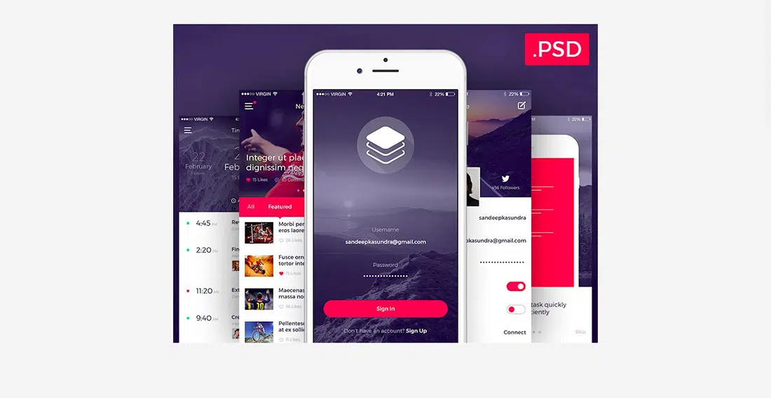 22 Clean iOS UI kit con 10 pantallas