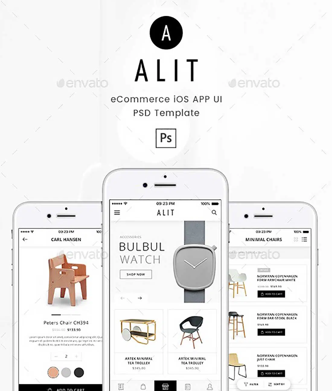 13 Alit: interfaz de usuario de PSD de comercio electrónico minimalista para la aplicación iOS