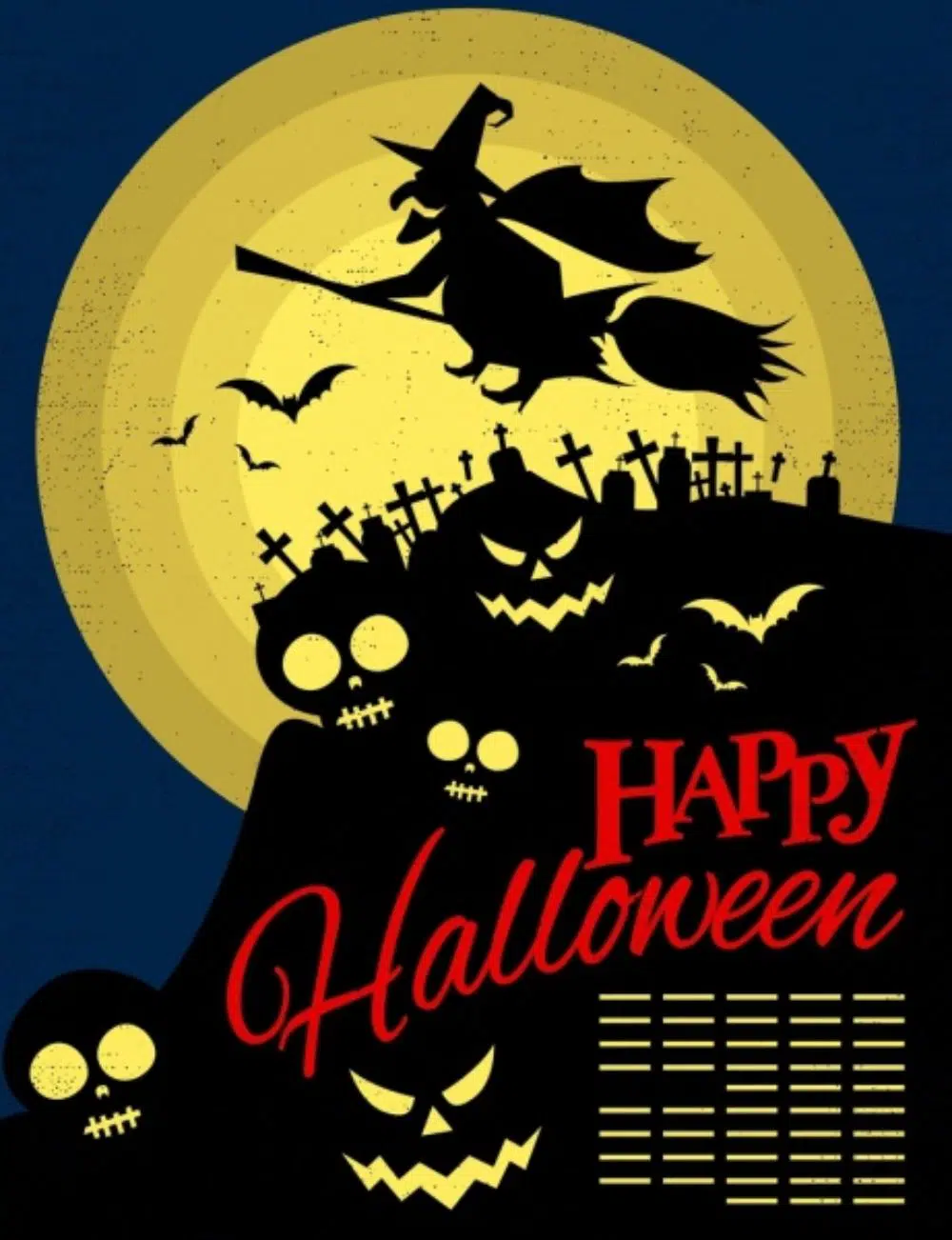 Halloween cartel asistente cráneo tumbas iconos silueta estilo