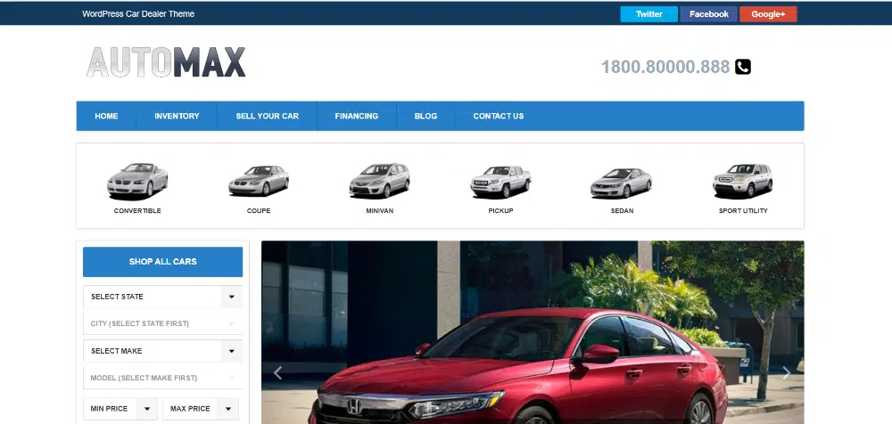 Temas WordPress incríveis para revendedores de carros: AutoMax