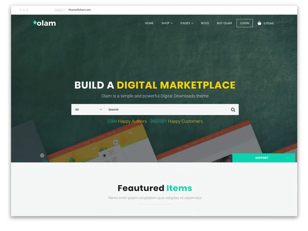 Thèmes WordPress pour vendre des produits numériques : Olam