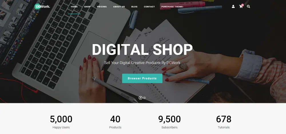 Temas de WordPress para vender productos digitales: trabajo de DG