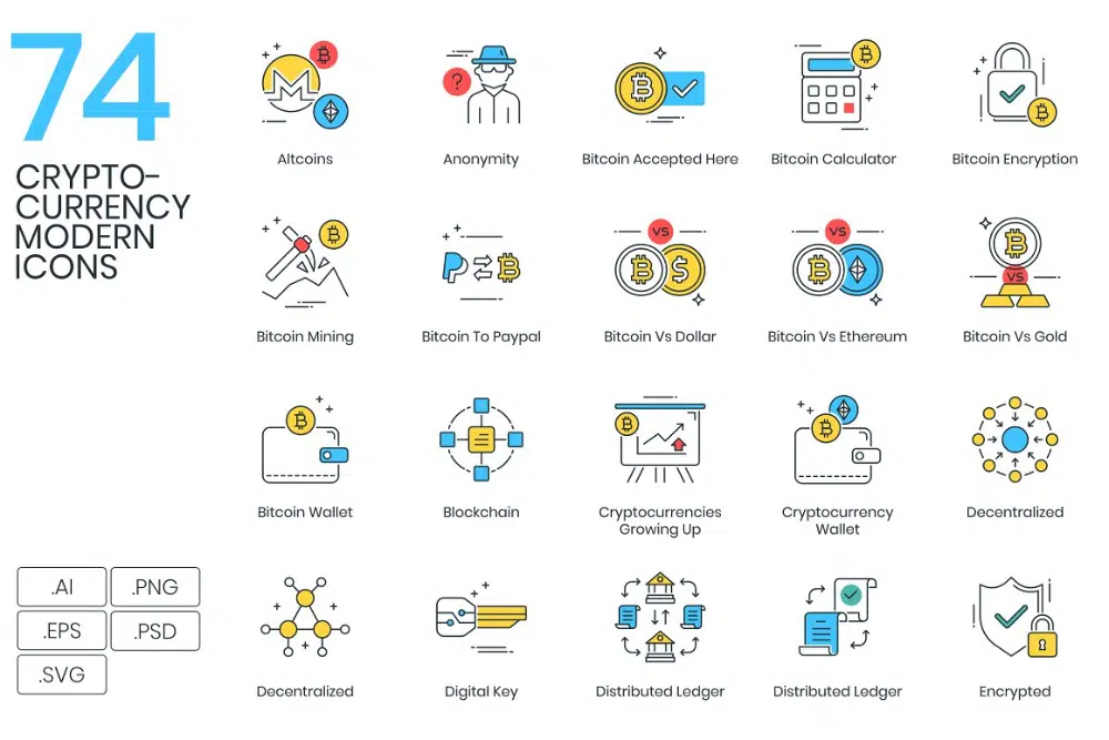 Ativos incríveis de design de moeda criptográfica para designers: ícones modernos de criptografia