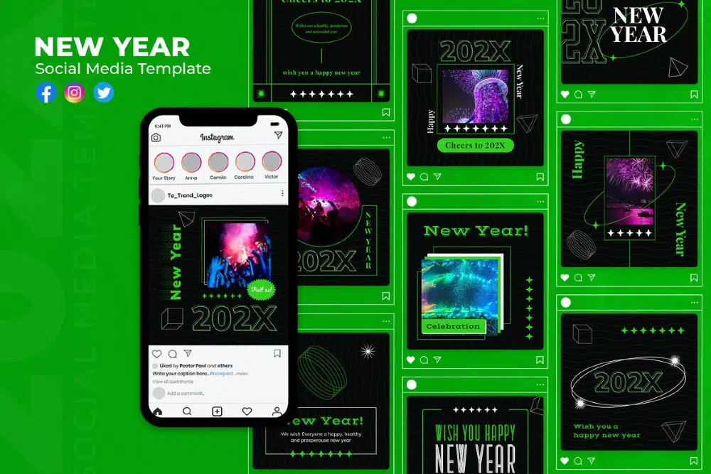 1. Envato: paquete de plantillas de redes sociales de Año Nuevo